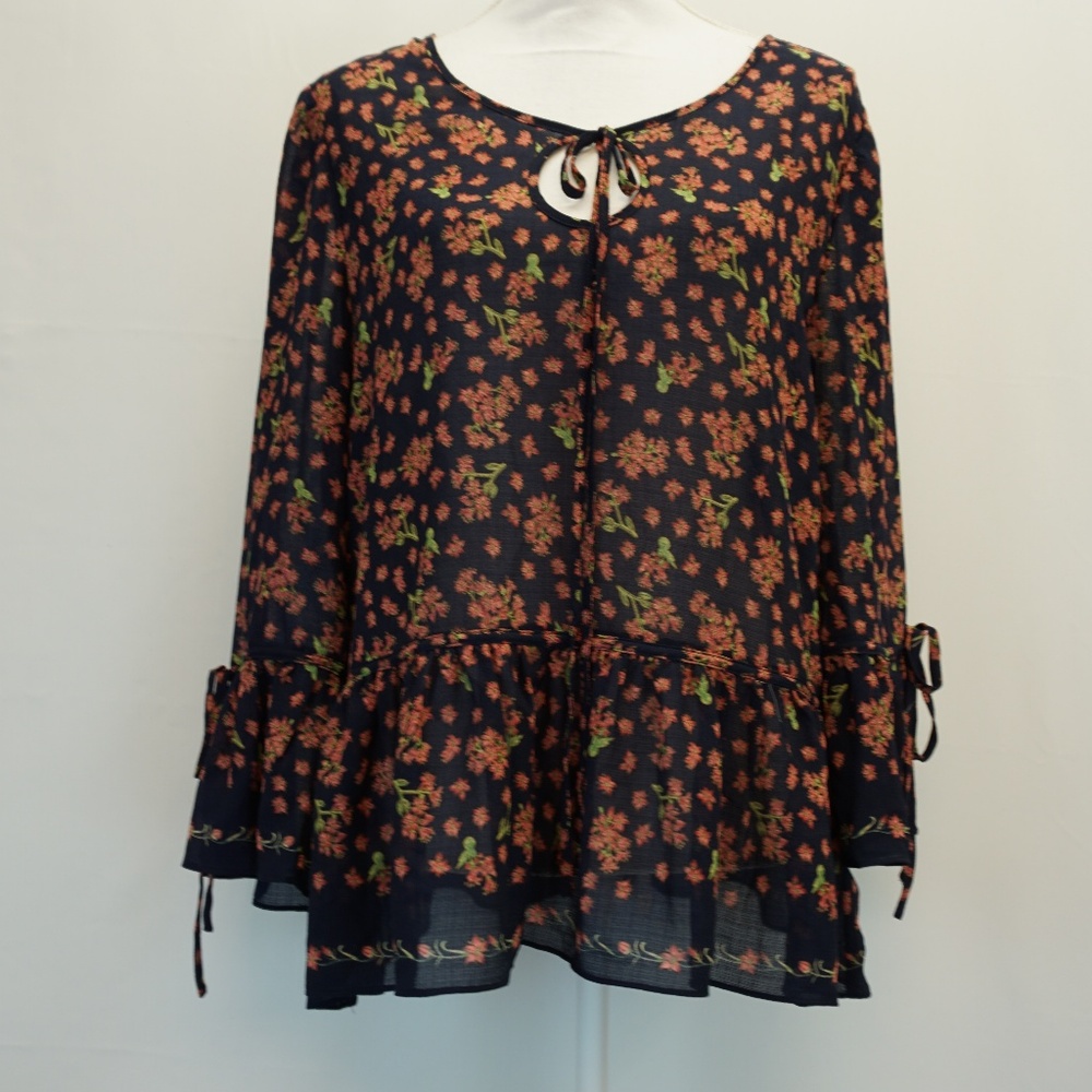 Max Studio Floral Print Semi Sheer Bell Sleeve Top